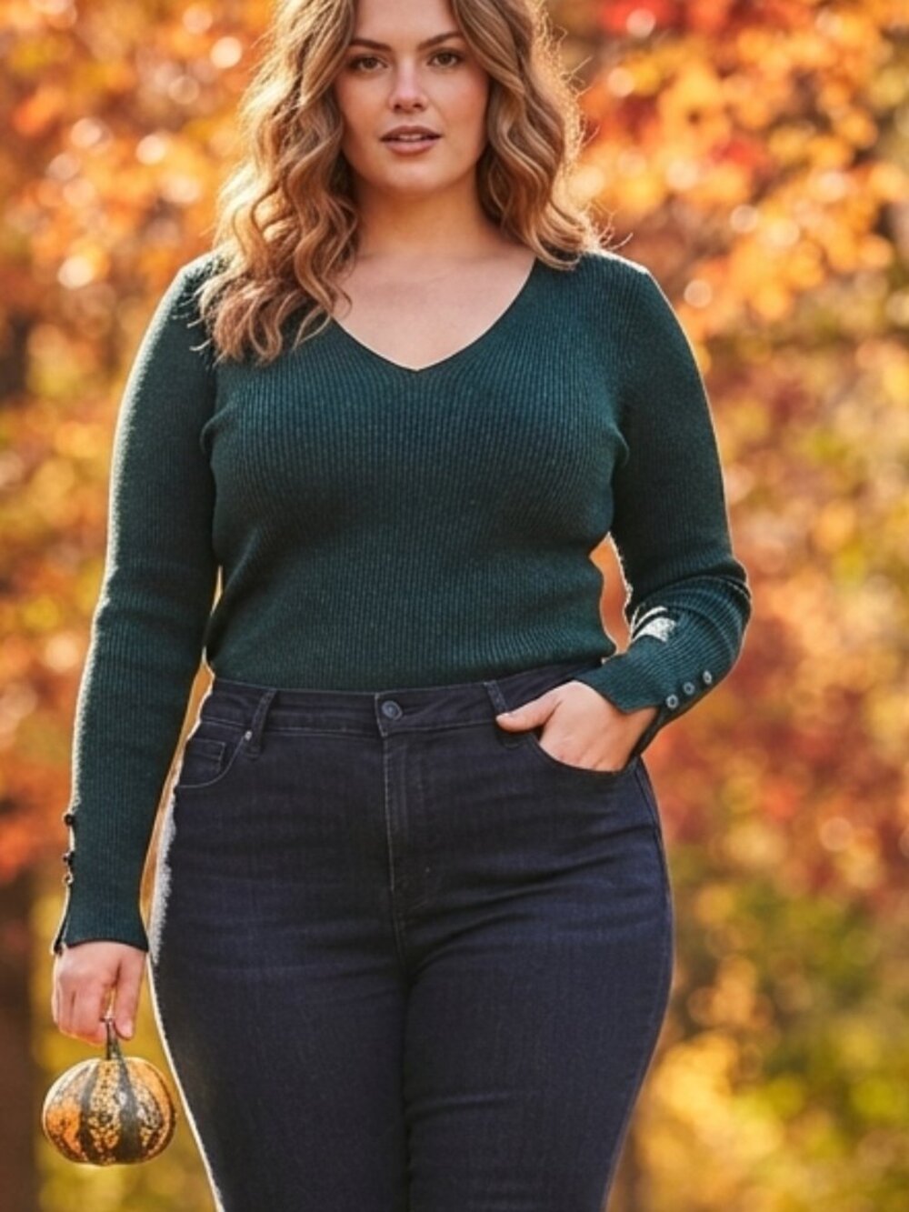 L'CHÂTEAU Women's Fitted Dark Teal Green Ribbed Knit V-Neck Sweater Size L